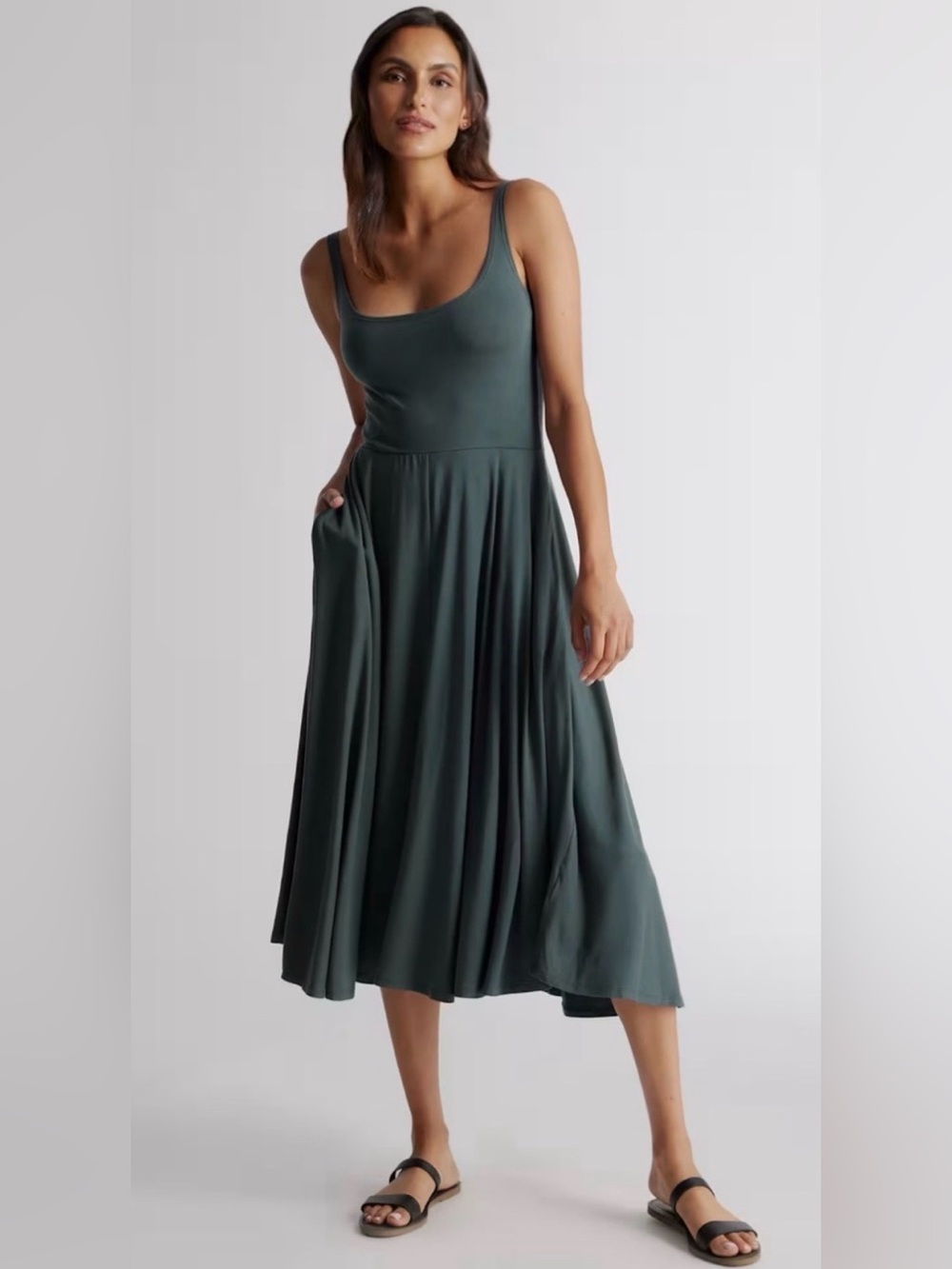 Quince Tencel Jersey Fit and Flare dress - dark olive size medium